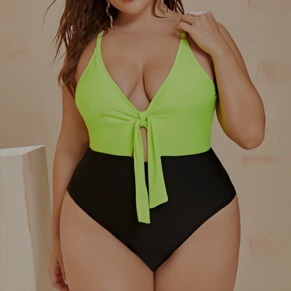 Neon Yellow and Black One Piece Swimsuit Size 12 - Picture 2 of 6